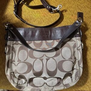 Coach Signature Jacquard Carly Shoulder Bag Convertible Brown Leather Trm F14708